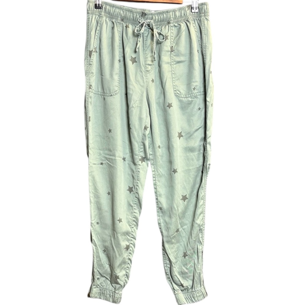 C&C California Joggers Pants Women’s M Olive Green Stars Print Zip Ankle